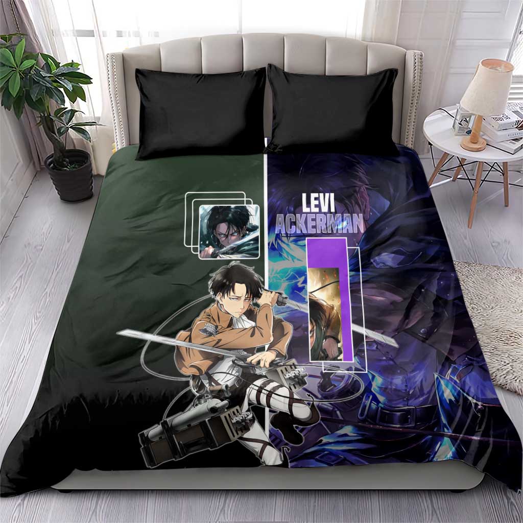 Levi Ackerman from Attack on Titan Bedding Set with Dynamic Poses and Green Background Design - The Mazicc