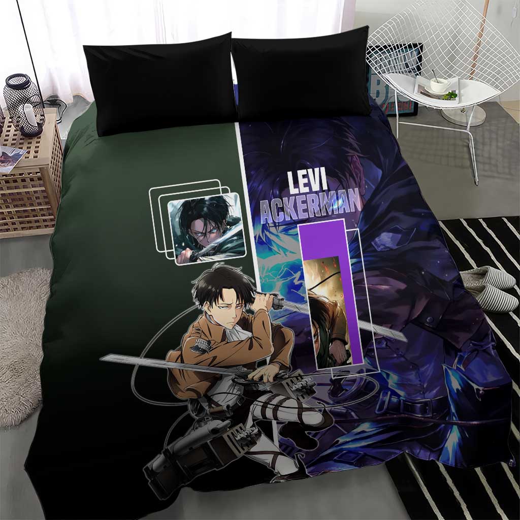 Levi Ackerman from Attack on Titan Bedding Set with Dynamic Poses and Green Background Design - The Mazicc