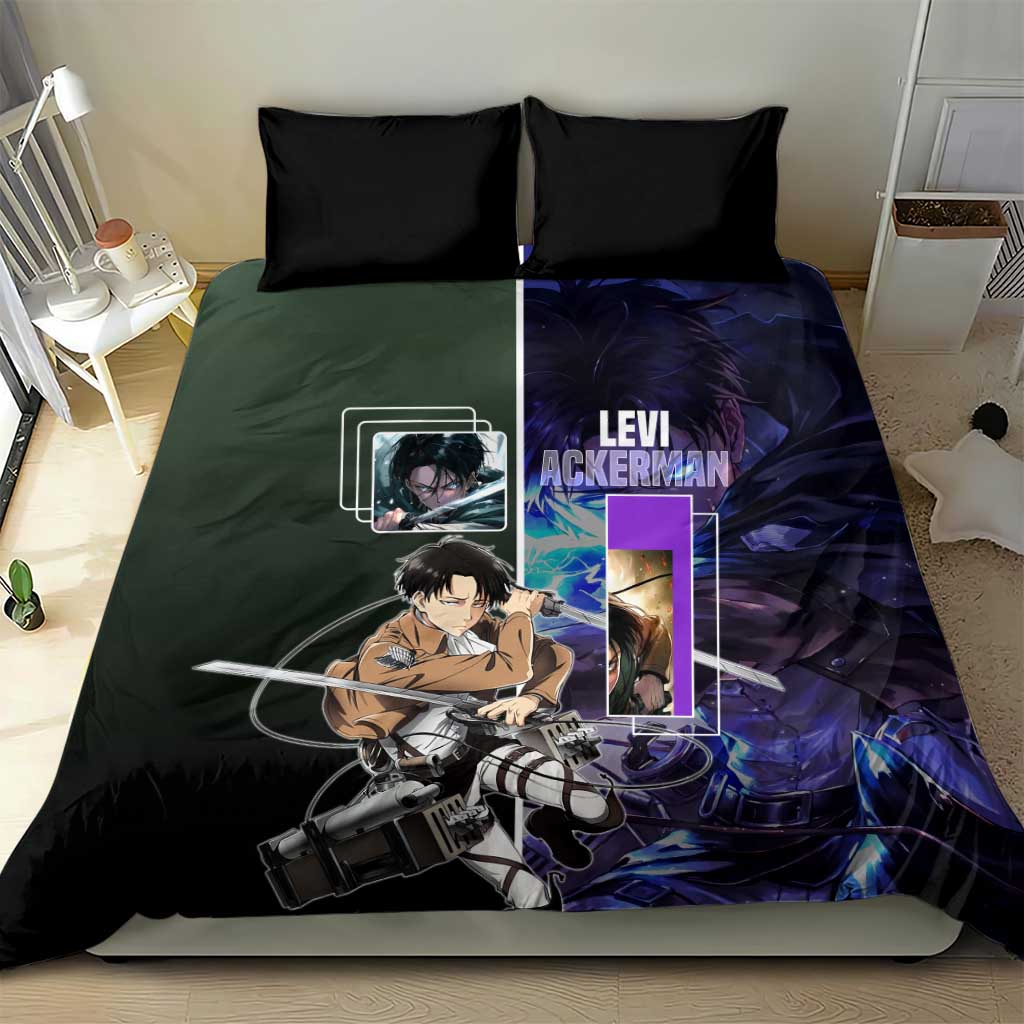 Levi Ackerman from Attack on Titan Bedding Set with Dynamic Poses and Green Background Design - The Mazicc
