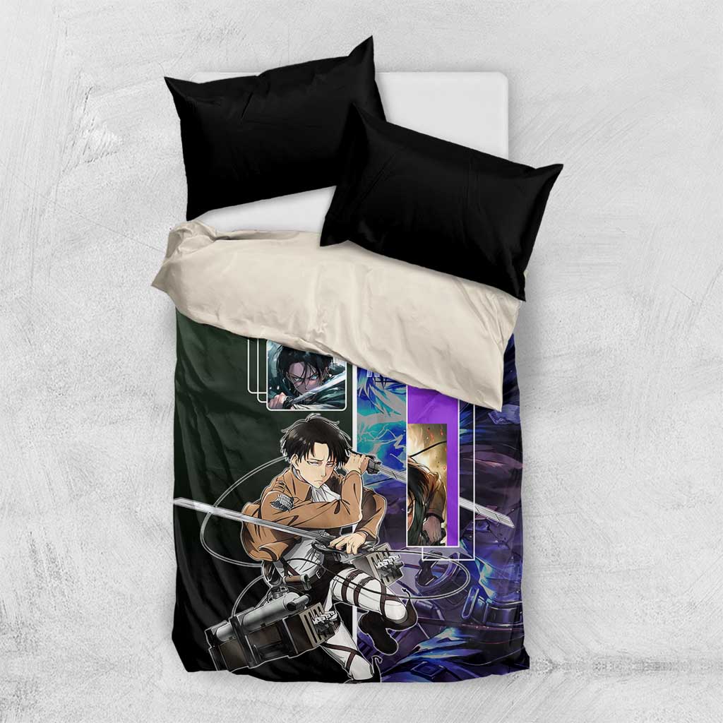 Levi Ackerman from Attack on Titan Bedding Set with Dynamic Poses and Green Background Design - The Mazicc