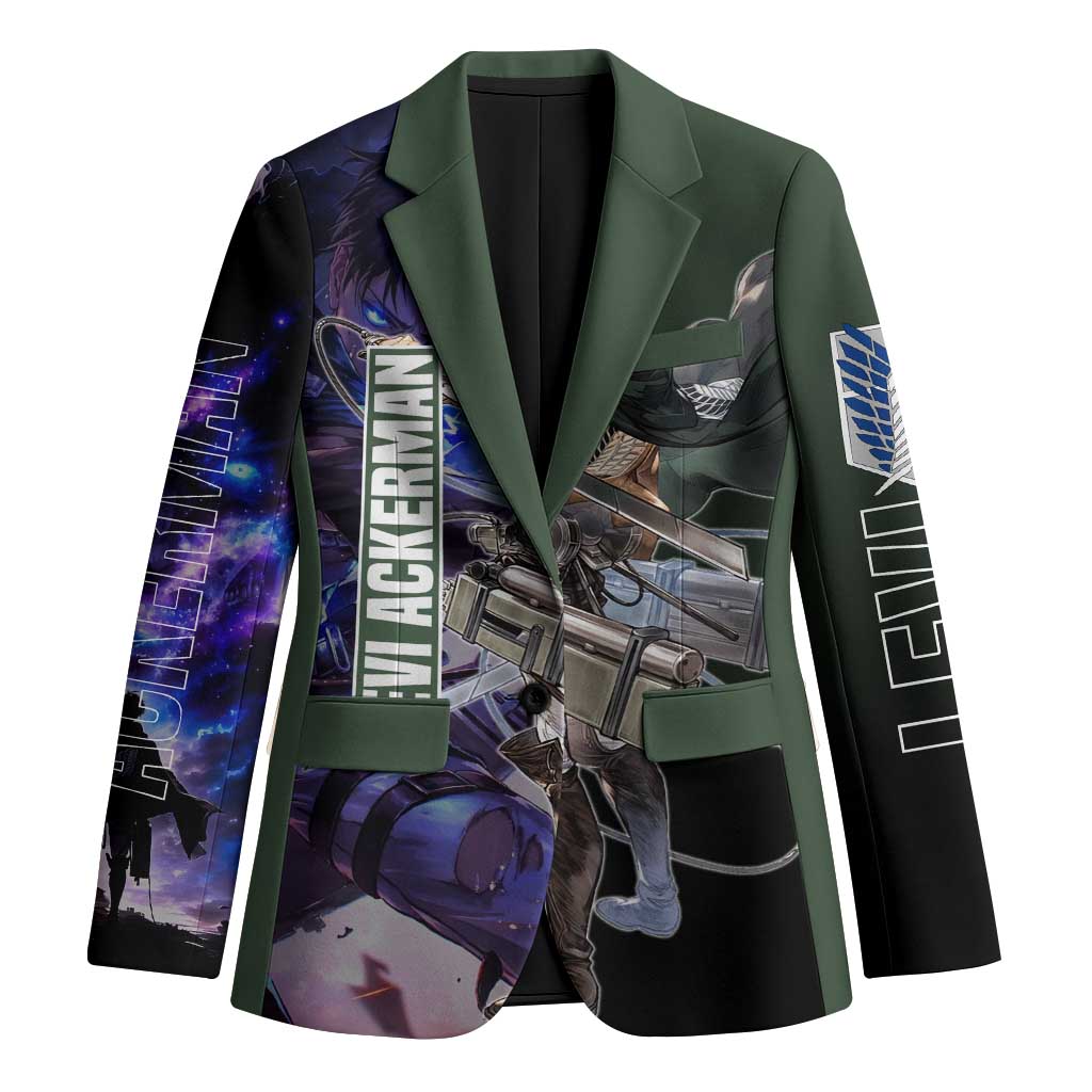 Levi Ackerman from Attack on Titan Blazer with Dynamic Poses and Green Background Design - The Mazicc