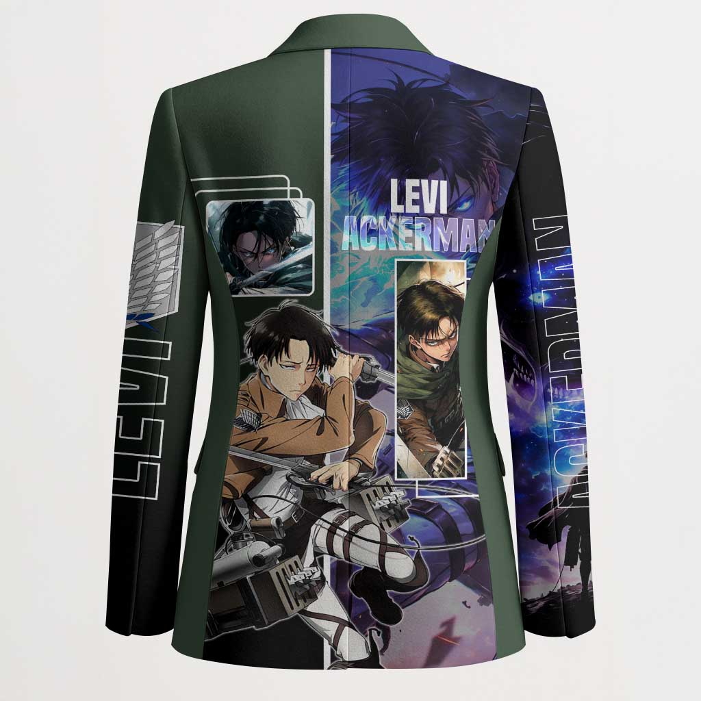 Levi Ackerman from Attack on Titan Blazer with Dynamic Poses and Green Background Design - The Mazicc