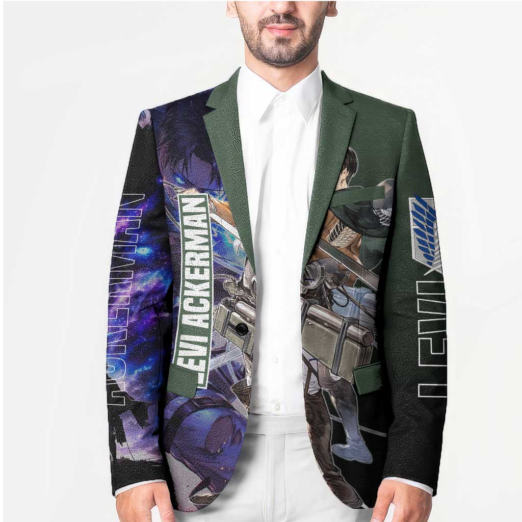 Levi Ackerman from Attack on Titan Blazer with Dynamic Poses and Green Background Design - The Mazicc