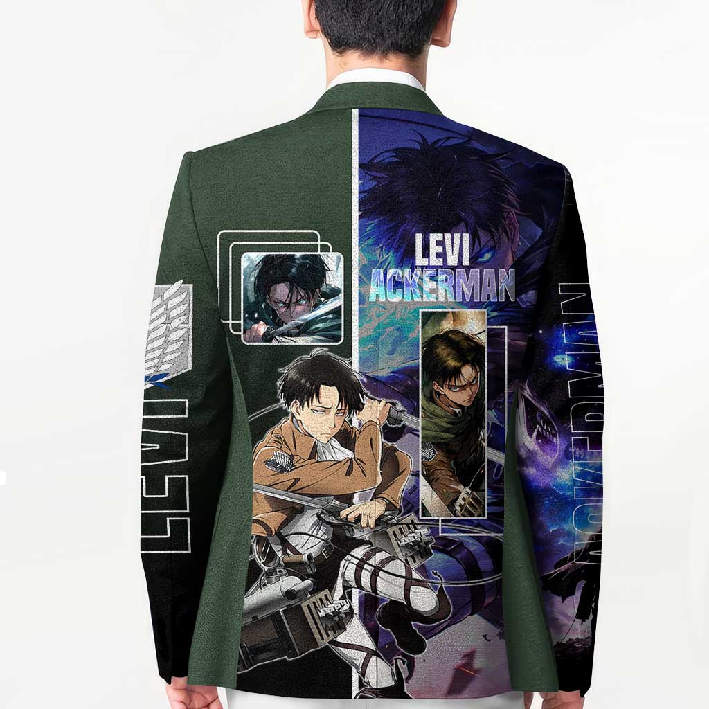 Levi Ackerman from Attack on Titan Blazer with Dynamic Poses and Green Background Design - The Mazicc