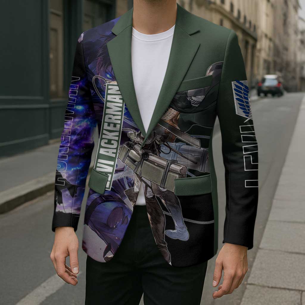 Levi Ackerman from Attack on Titan Blazer with Dynamic Poses and Green Background Design - The Mazicc
