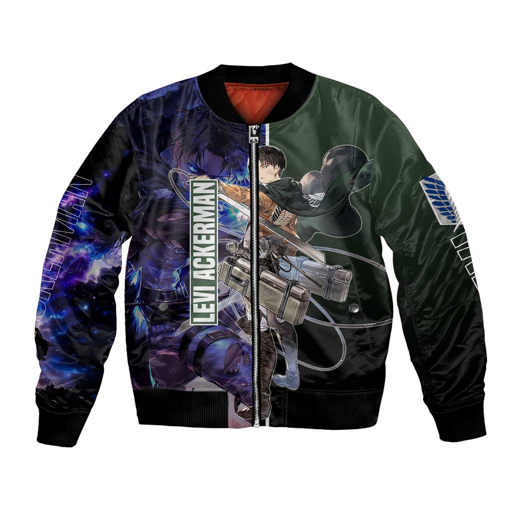 Levi Ackerman from Attack on Titan Bomber Jacket with Dynamic Poses and Green Background Design - The Mazicc