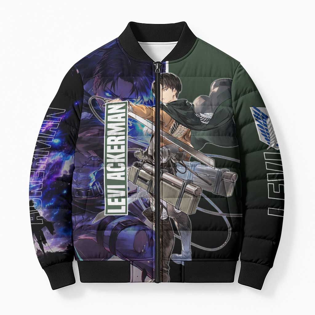 Levi Ackerman from Attack on Titan Bomber Puffer Jacket with Dynamic Poses and Green Background Design - The Mazicc