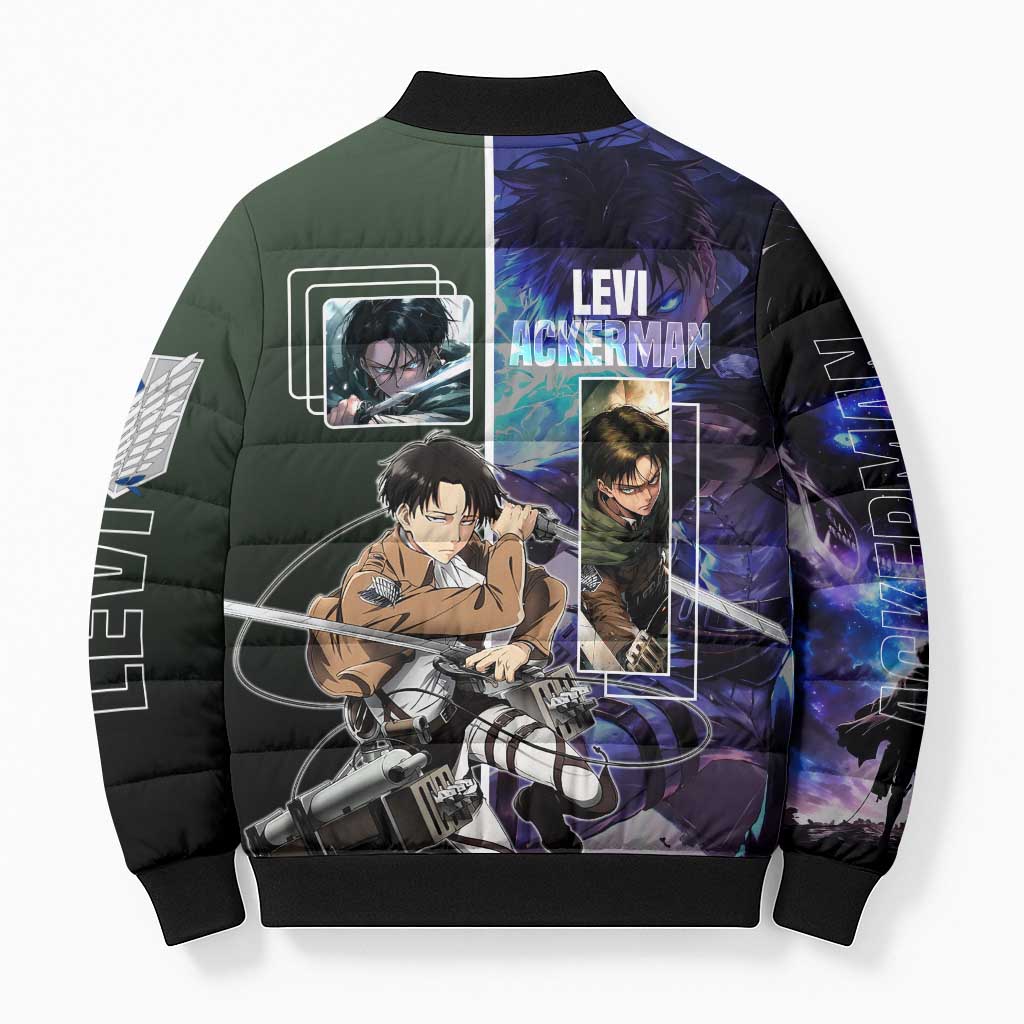 Levi Ackerman from Attack on Titan Bomber Puffer Jacket with Dynamic Poses and Green Background Design - The Mazicc