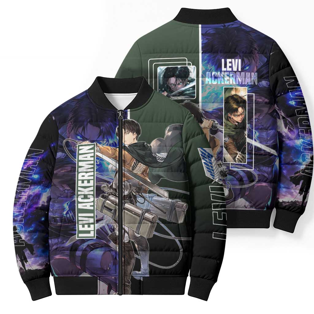 Levi Ackerman from Attack on Titan Bomber Puffer Jacket with Dynamic Poses and Green Background Design - The Mazicc
