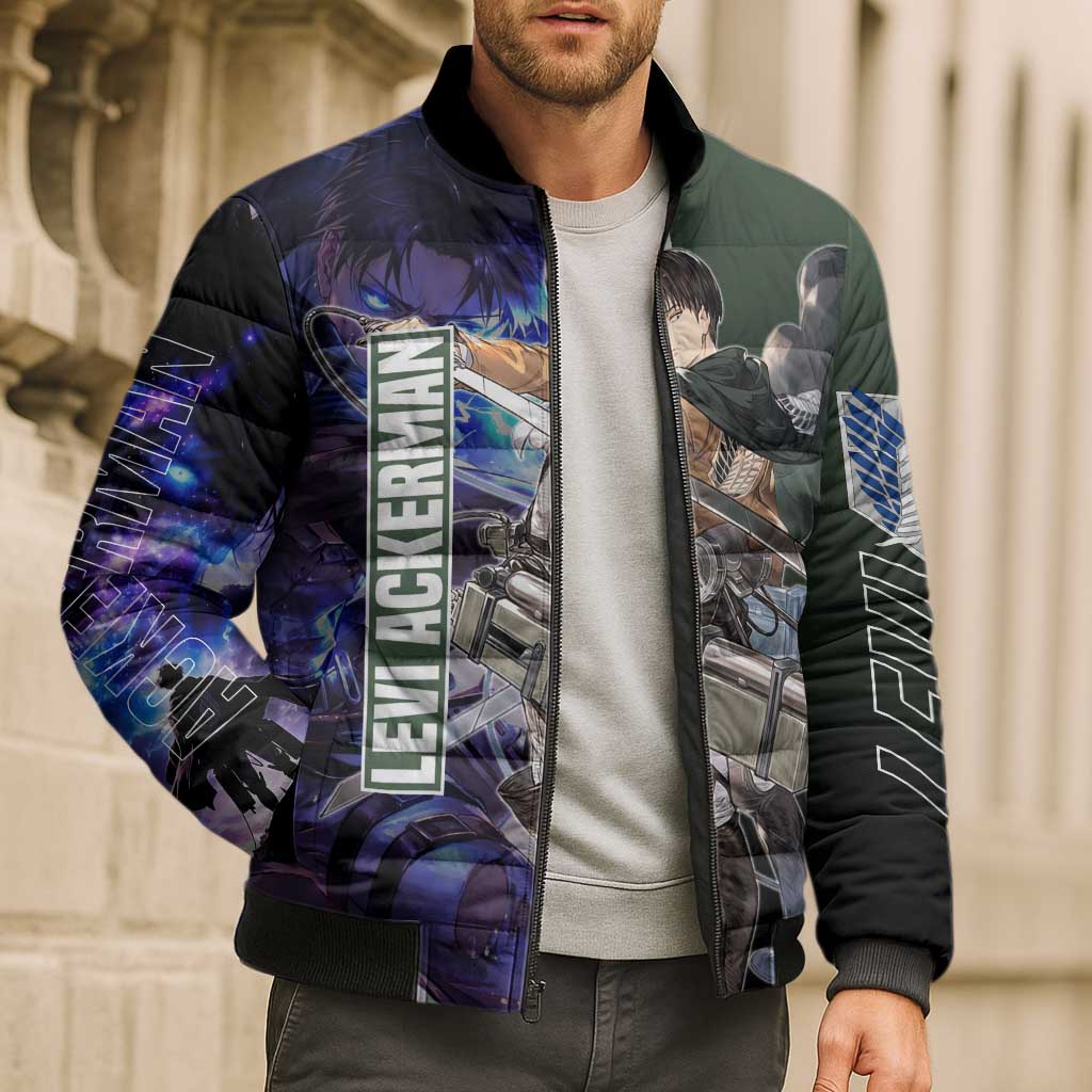 Levi Ackerman from Attack on Titan Bomber Puffer Jacket with Dynamic Poses and Green Background Design - The Mazicc
