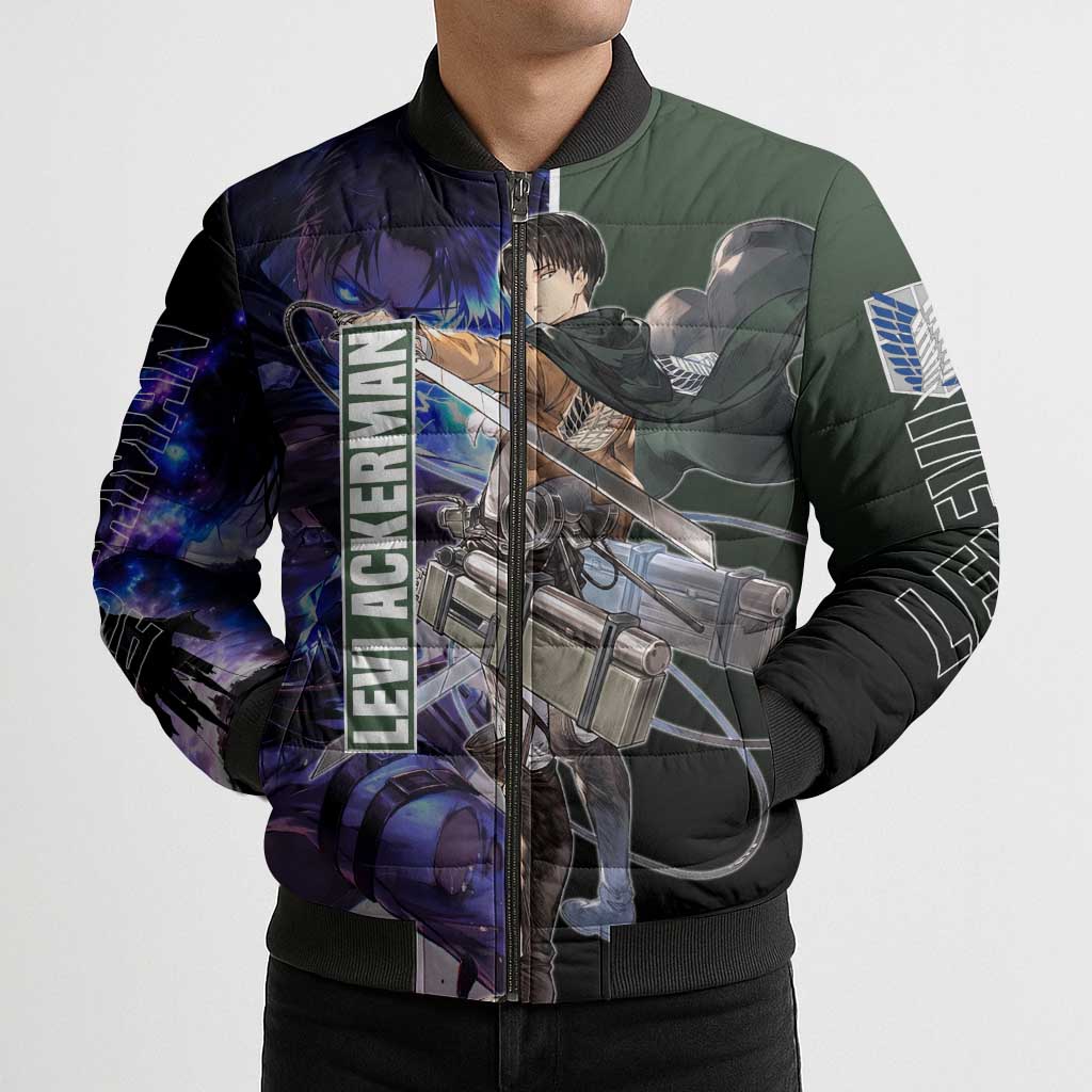 Levi Ackerman from Attack on Titan Bomber Puffer Jacket with Dynamic Poses and Green Background Design - The Mazicc
