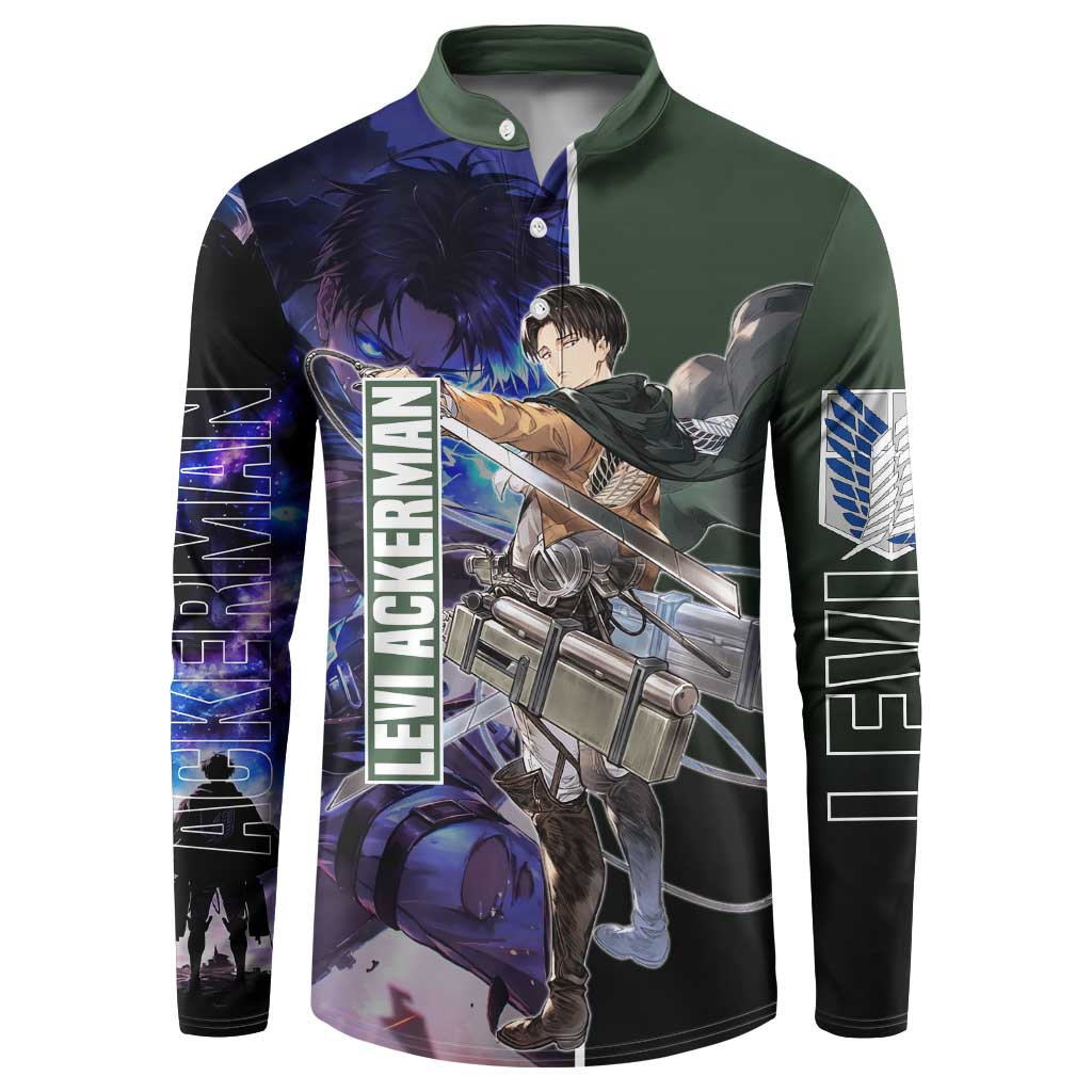 Levi Ackerman from Attack on Titan Button Sweatshirt with Dynamic Poses and Green Background Design - The Mazicc
