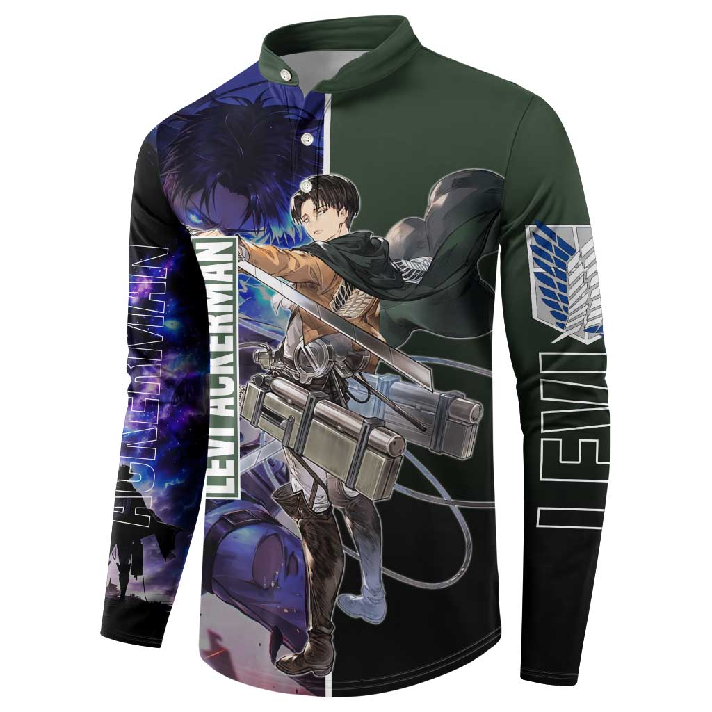 Levi Ackerman from Attack on Titan Button Sweatshirt with Dynamic Poses and Green Background Design - The Mazicc