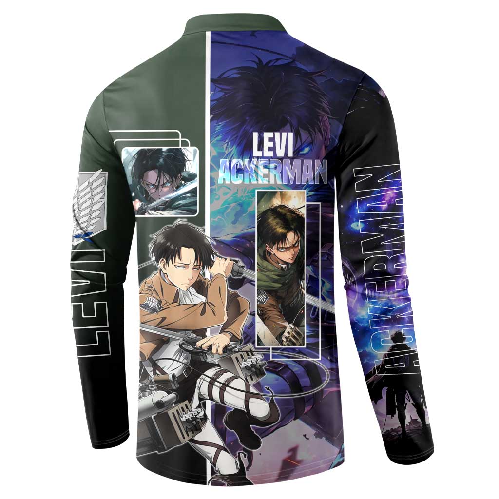 Levi Ackerman from Attack on Titan Button Sweatshirt with Dynamic Poses and Green Background Design - The Mazicc