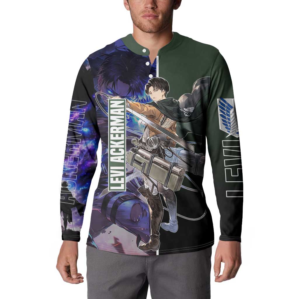 Levi Ackerman from Attack on Titan Button Sweatshirt with Dynamic Poses and Green Background Design - The Mazicc