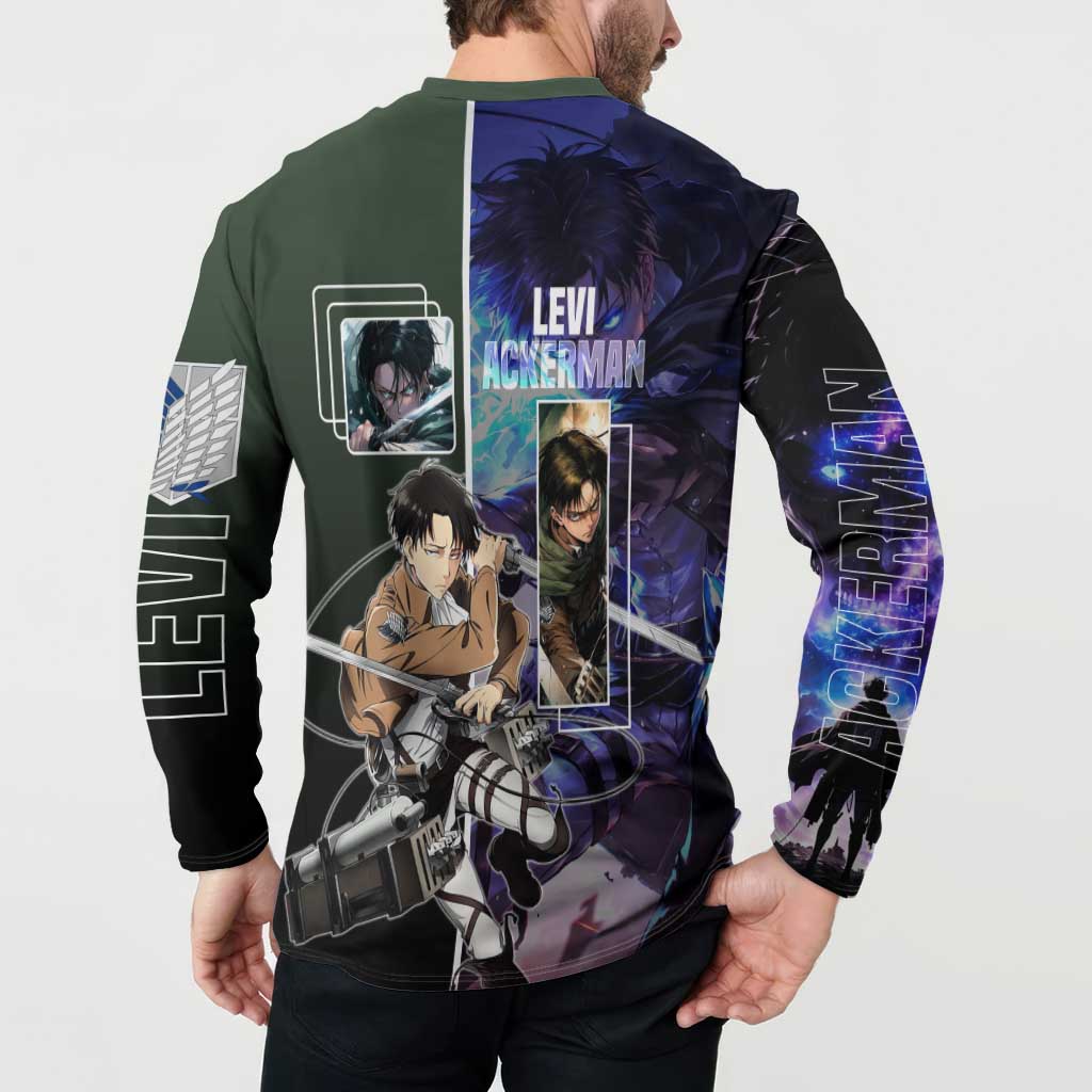 Levi Ackerman from Attack on Titan Button Sweatshirt with Dynamic Poses and Green Background Design - The Mazicc