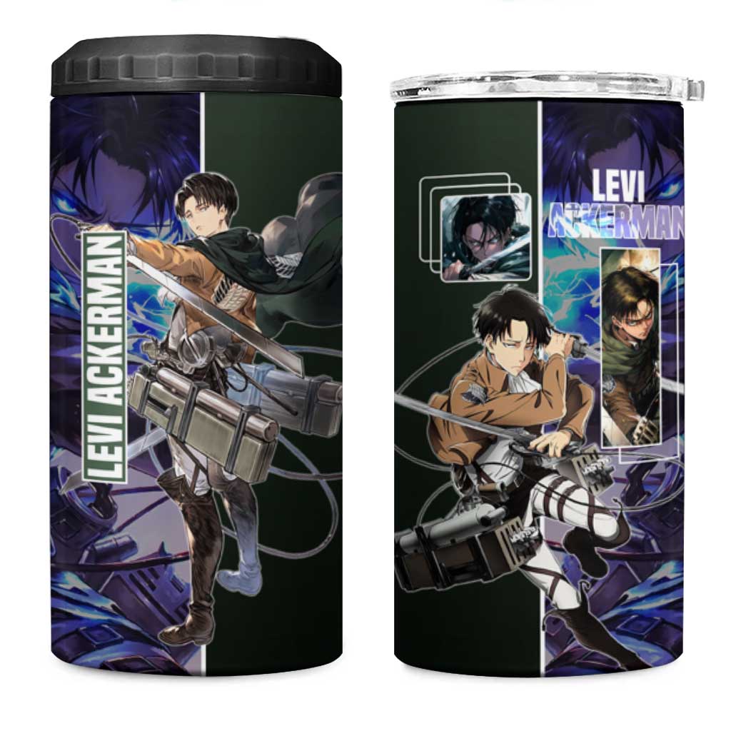 Levi Ackerman from Attack on Titan 4 in 1 Can Cooler Tumbler with Dynamic Poses and Green Background Design - The Mazicc