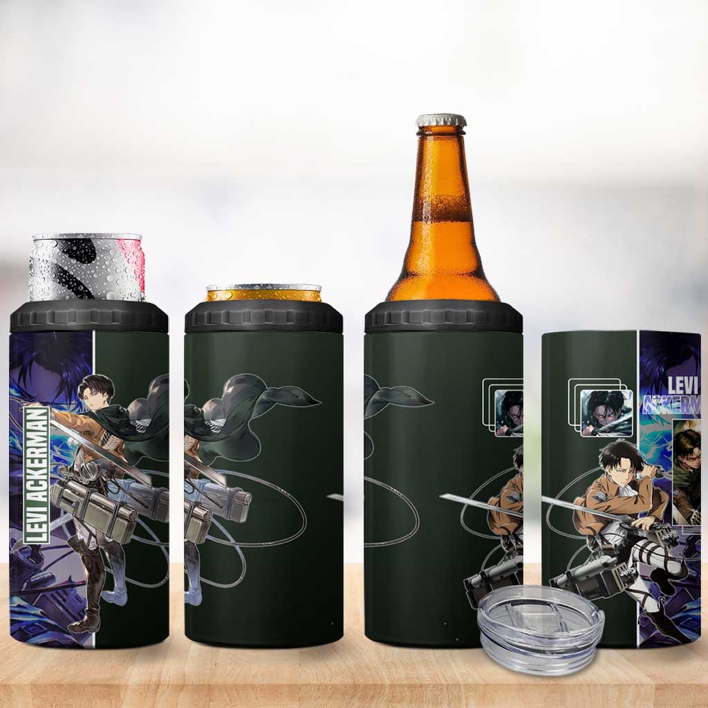 Levi Ackerman from Attack on Titan 4 in 1 Can Cooler Tumbler with Dynamic Poses and Green Background Design - The Mazicc