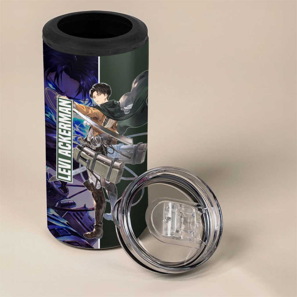 Levi Ackerman from Attack on Titan 4 in 1 Can Cooler Tumbler with Dynamic Poses and Green Background Design - The Mazicc