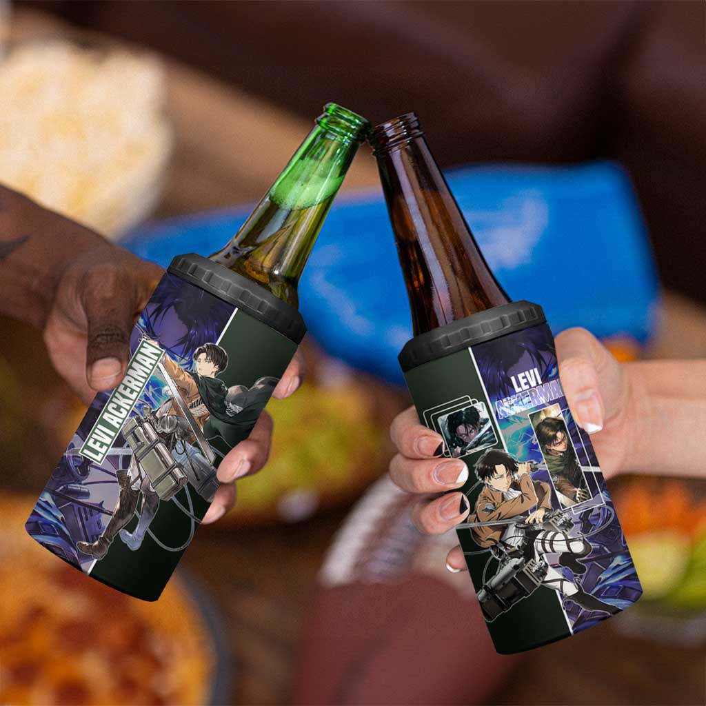 Levi Ackerman from Attack on Titan 4 in 1 Can Cooler Tumbler with Dynamic Poses and Green Background Design - The Mazicc