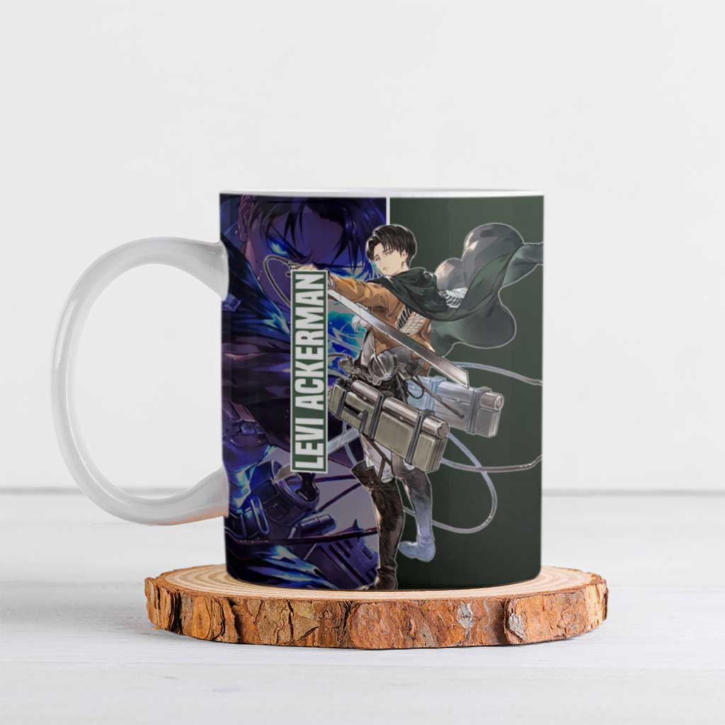 Levi Ackerman from Attack on Titan Ceramic Mug with Dynamic Poses and Green Background Design - The Mazicc