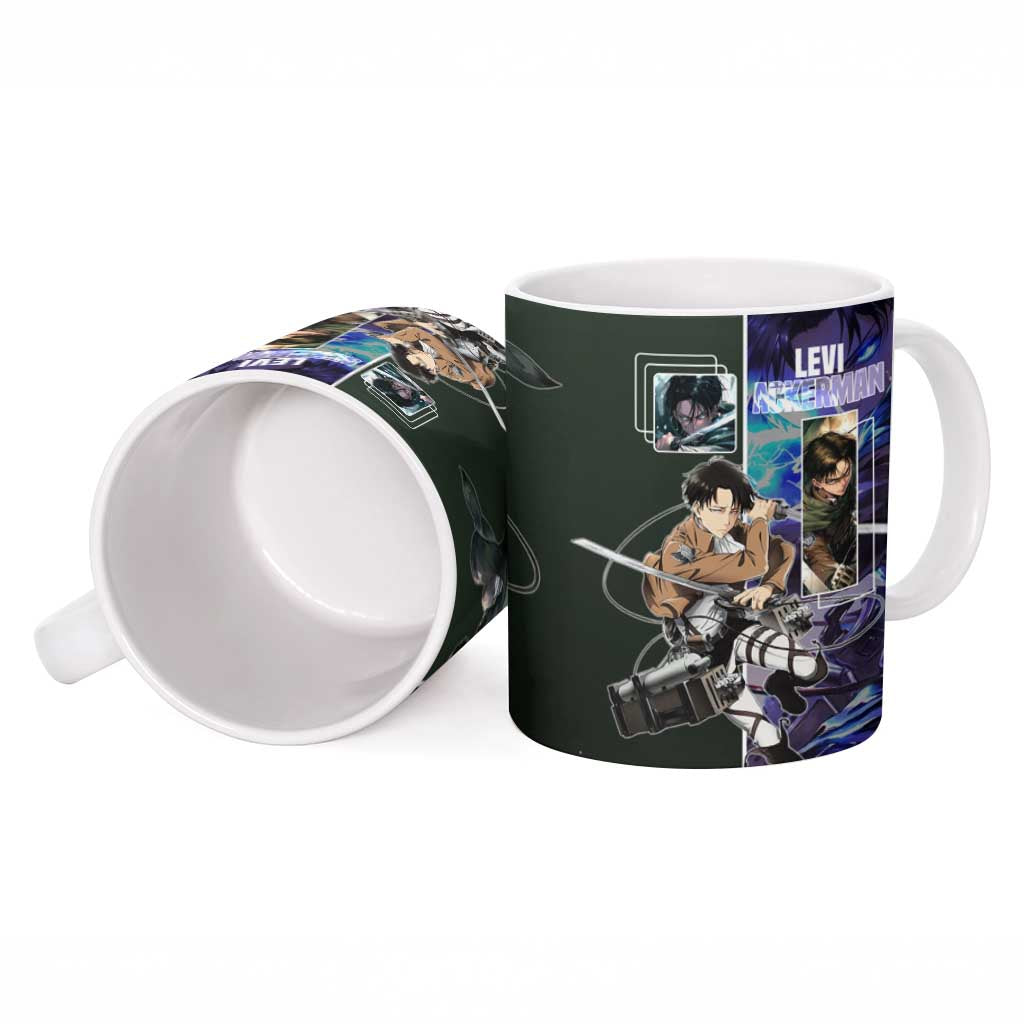 Levi Ackerman from Attack on Titan Ceramic Mug with Dynamic Poses and Green Background Design - The Mazicc