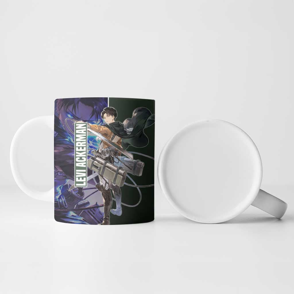 Levi Ackerman from Attack on Titan Ceramic Mug with Dynamic Poses and Green Background Design - The Mazicc