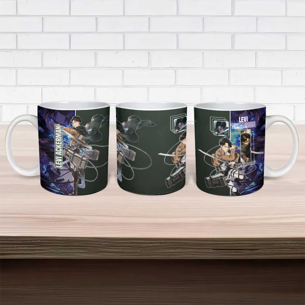 Levi Ackerman from Attack on Titan Ceramic Mug with Dynamic Poses and Green Background Design - The Mazicc