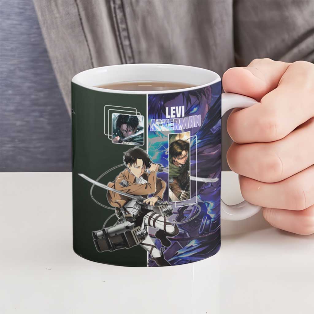 Levi Ackerman from Attack on Titan Ceramic Mug with Dynamic Poses and Green Background Design - The Mazicc