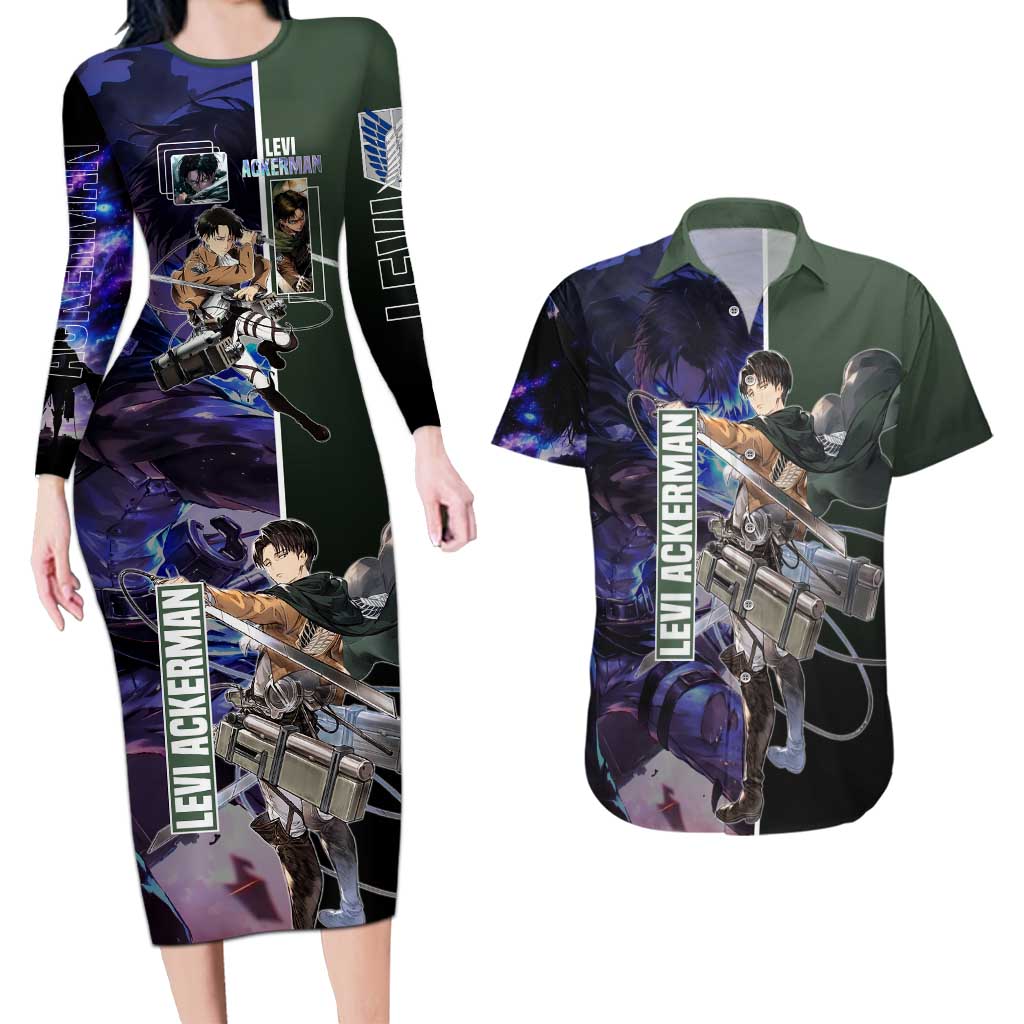 Levi Ackerman from Attack on Titan Couples Matching Long Sleeve Bodycon Dress and Hawaiian Shirt with Dynamic Poses and Green Background Design - The Mazicc