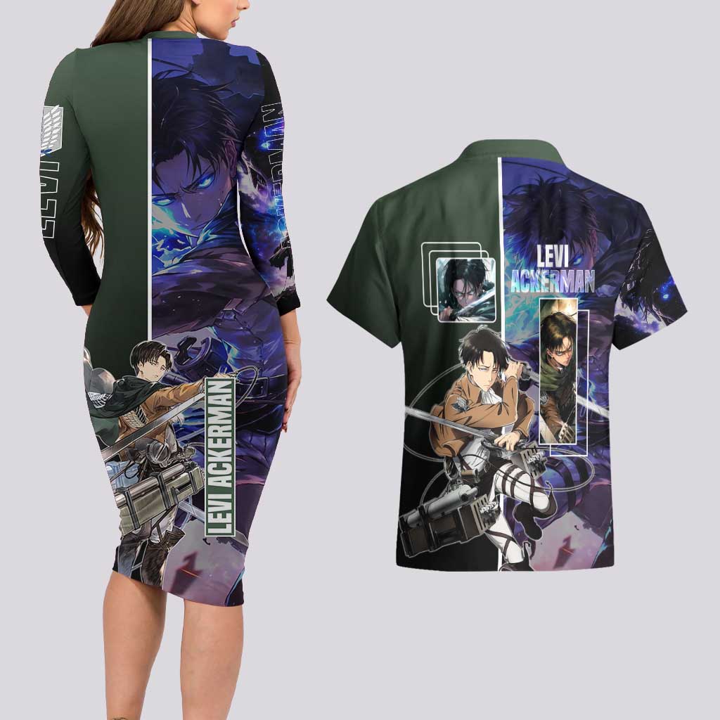 Levi Ackerman from Attack on Titan Couples Matching Long Sleeve Bodycon Dress and Hawaiian Shirt with Dynamic Poses and Green Background Design - The Mazicc