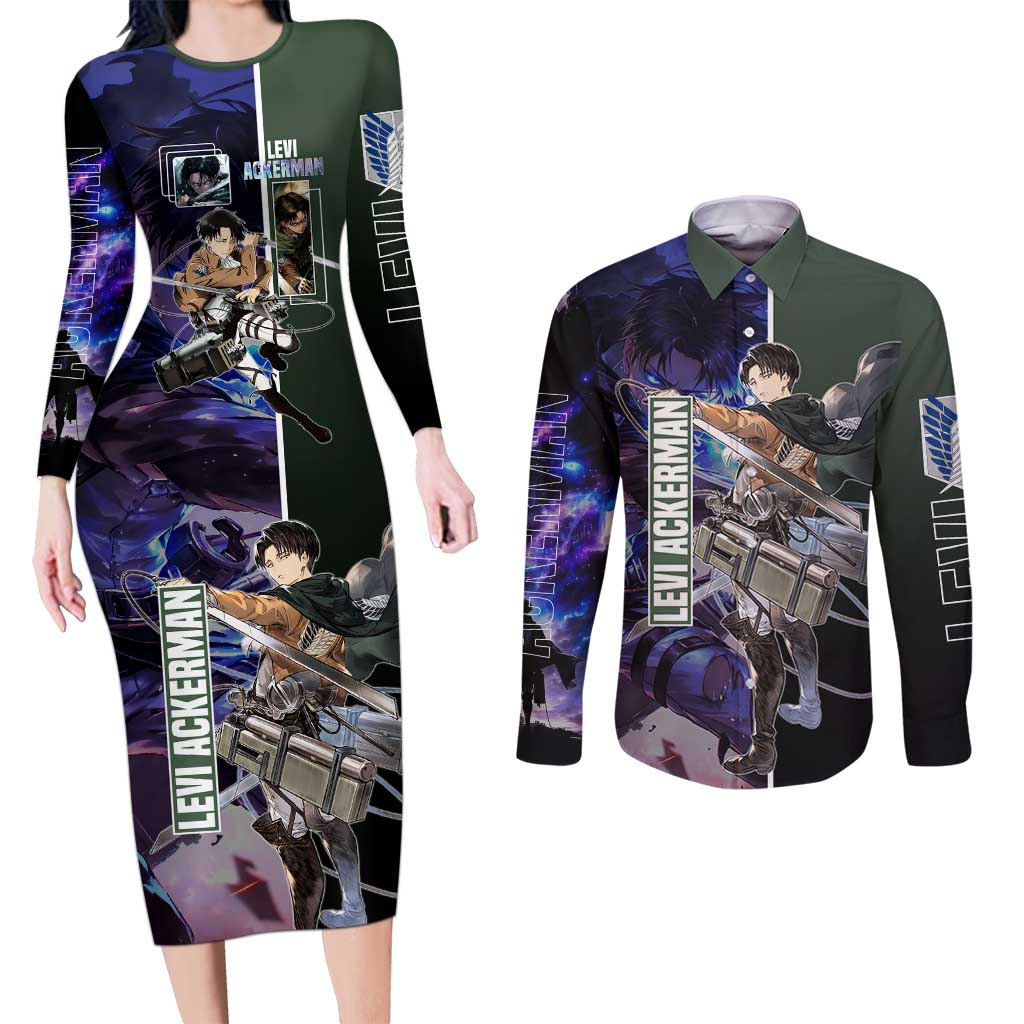 Levi Ackerman from Attack on Titan Couples Matching Long Sleeve Bodycon Dress and Long Sleeve Button Shirt with Dynamic Poses and Green Background Design - The Mazicc