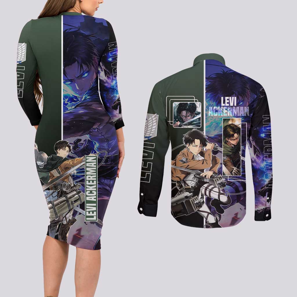 Levi Ackerman from Attack on Titan Couples Matching Long Sleeve Bodycon Dress and Long Sleeve Button Shirt with Dynamic Poses and Green Background Design - The Mazicc