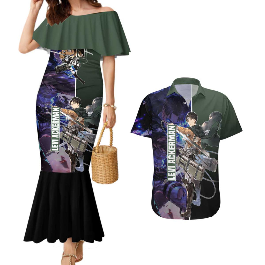 Levi Ackerman from Attack on Titan Couples Matching Mermaid Dress and Hawaiian Shirt with Dynamic Poses and Green Background Design - The Mazicc