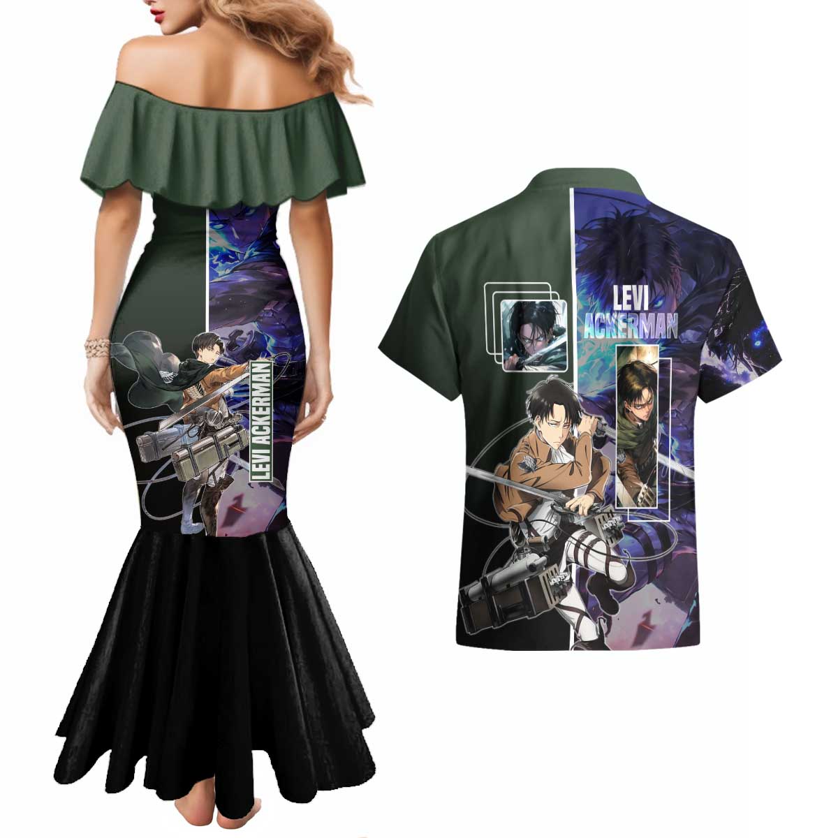Levi Ackerman from Attack on Titan Couples Matching Mermaid Dress and Hawaiian Shirt with Dynamic Poses and Green Background Design - The Mazicc