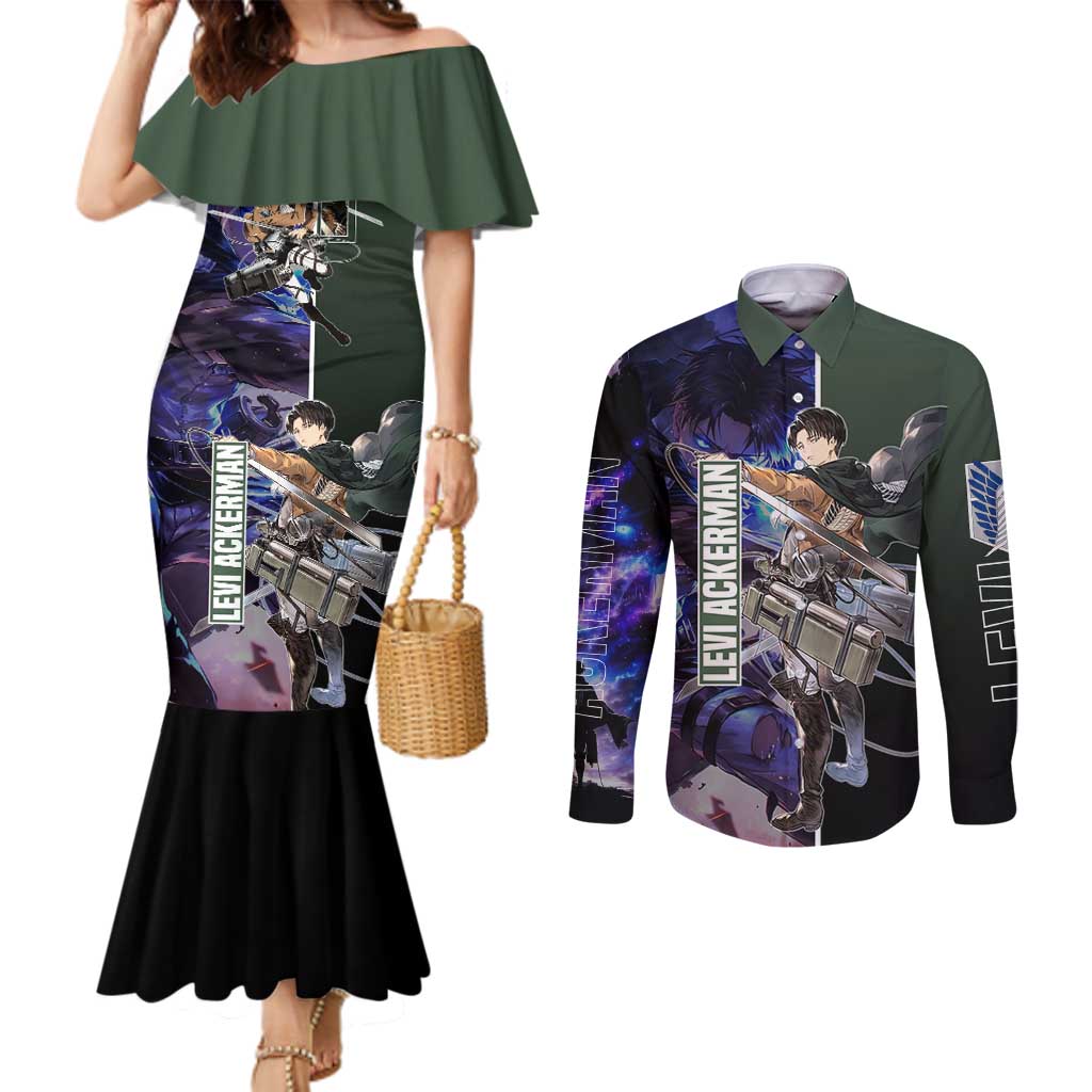 Levi Ackerman from Attack on Titan Couples Matching Mermaid Dress and Long Sleeve Button Shirt with Dynamic Poses and Green Background Design - The Mazicc