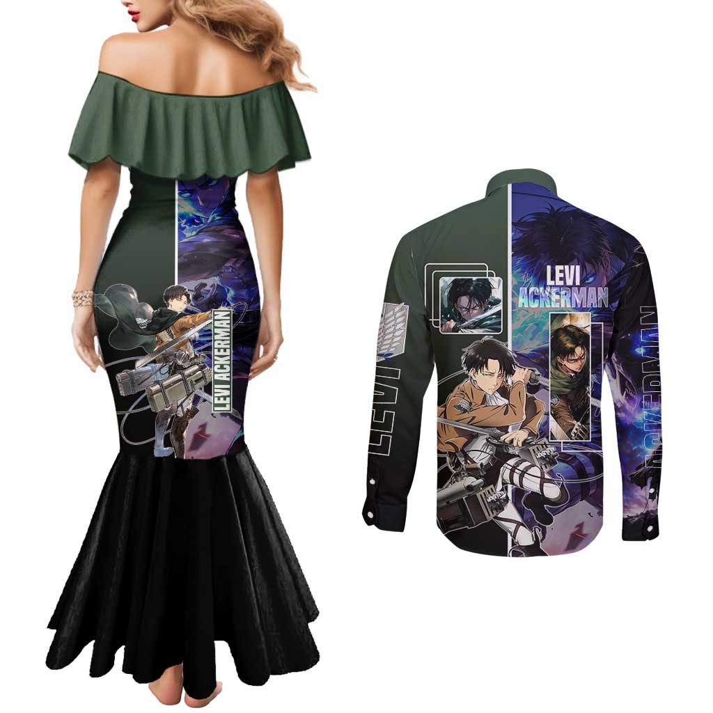 Levi Ackerman from Attack on Titan Couples Matching Mermaid Dress and Long Sleeve Button Shirt with Dynamic Poses and Green Background Design - The Mazicc