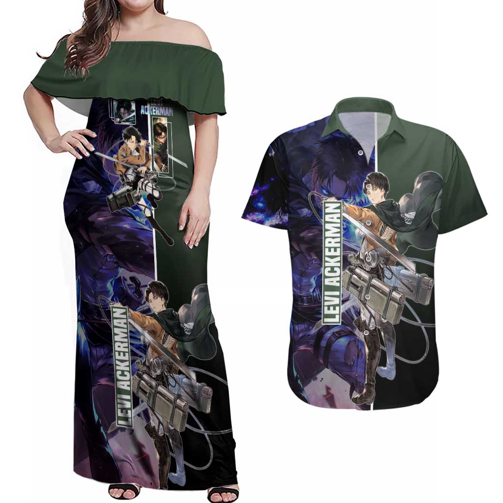 Levi Ackerman from Attack on Titan Couples Matching Off Shoulder Maxi Dress and Hawaiian Shirt with Dynamic Poses and Green Background Design - The Mazicc