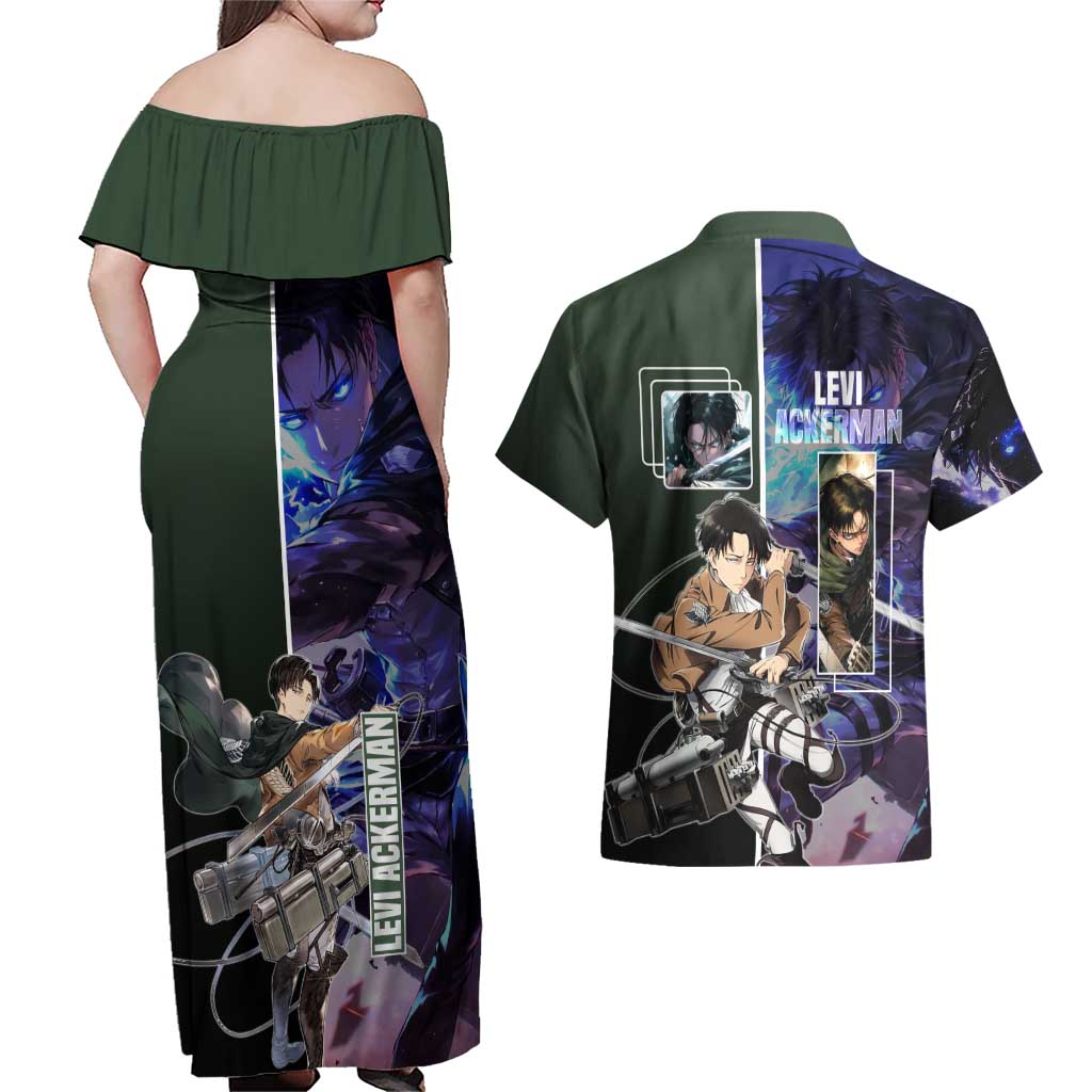 Levi Ackerman from Attack on Titan Couples Matching Off Shoulder Maxi Dress and Hawaiian Shirt with Dynamic Poses and Green Background Design - The Mazicc