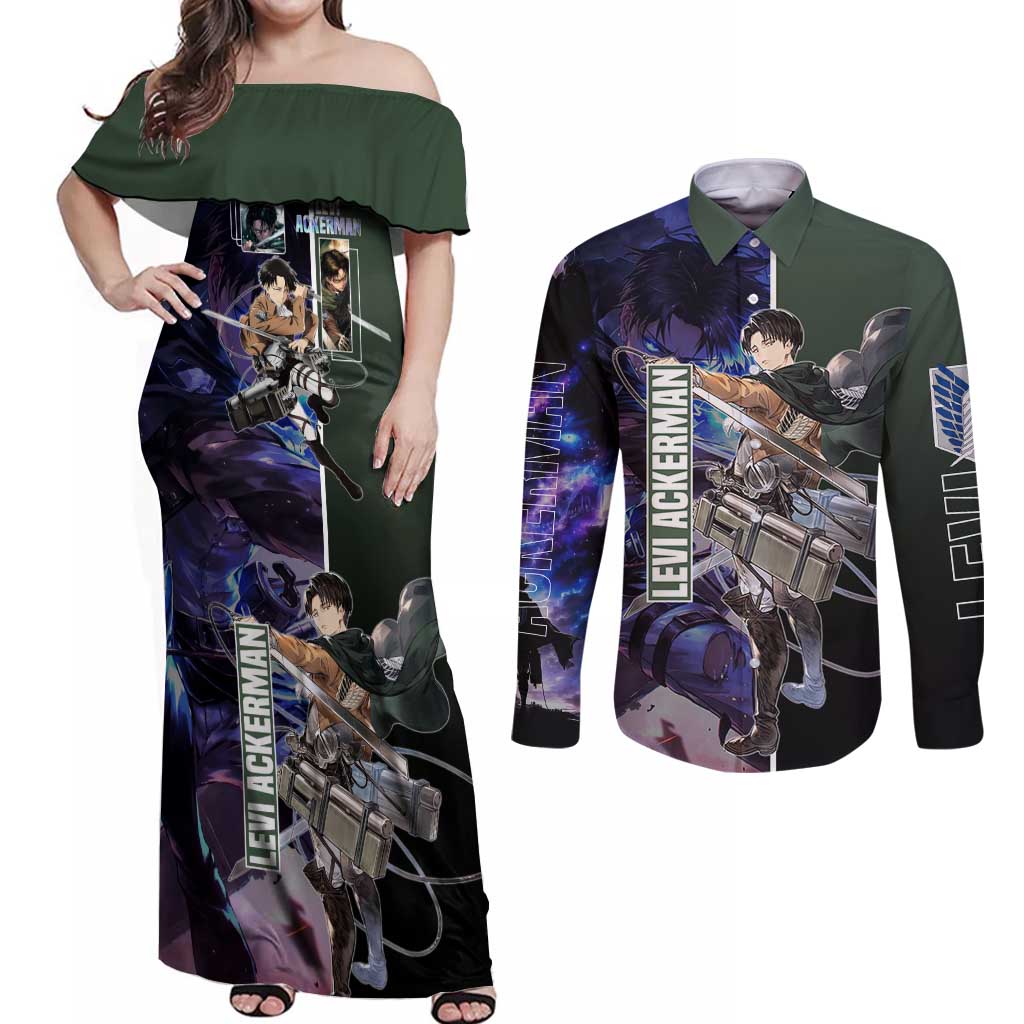 Levi Ackerman from Attack on Titan Couples Matching Off Shoulder Maxi Dress and Long Sleeve Button Shirt with Dynamic Poses and Green Background Design - The Mazicc