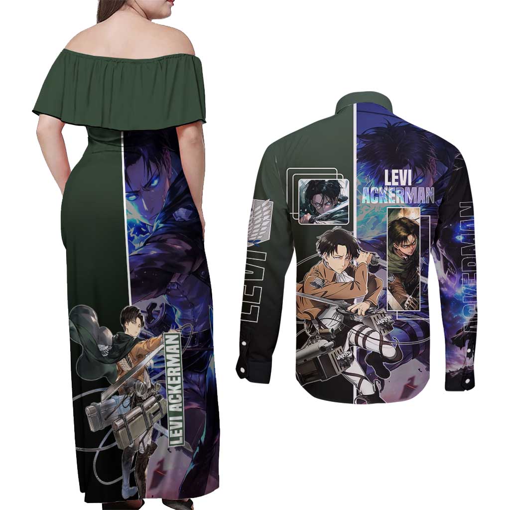 Levi Ackerman from Attack on Titan Couples Matching Off Shoulder Maxi Dress and Long Sleeve Button Shirt with Dynamic Poses and Green Background Design - The Mazicc