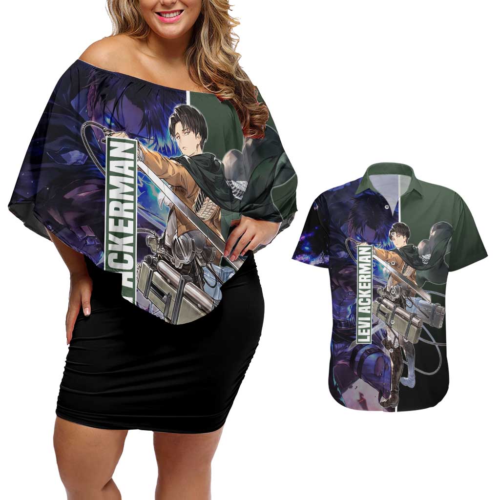 Levi Ackerman from Attack on Titan Couples Matching Off Shoulder Short Dress and Hawaiian Shirt with Dynamic Poses and Green Background Design - The Mazicc