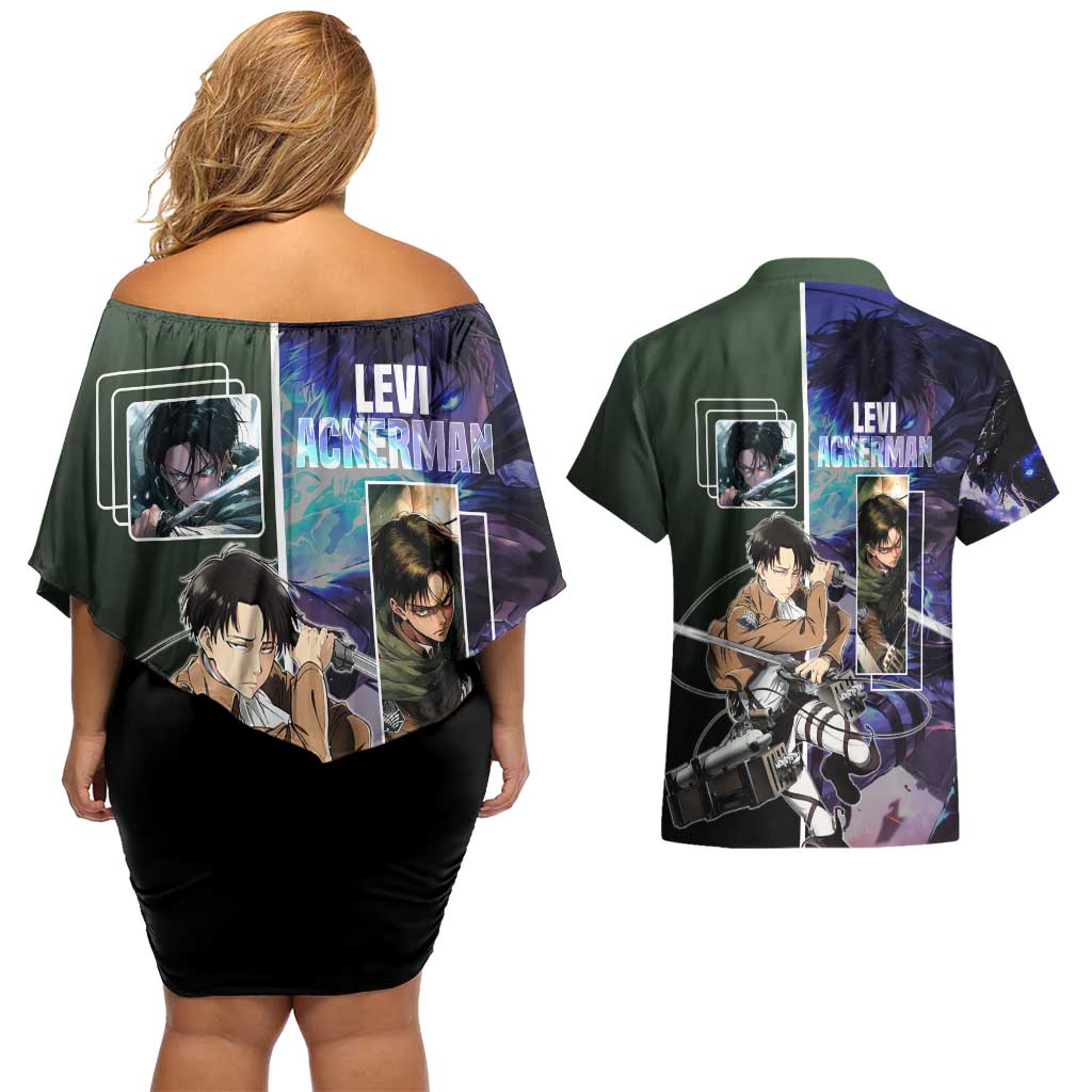 Levi Ackerman from Attack on Titan Couples Matching Off Shoulder Short Dress and Hawaiian Shirt with Dynamic Poses and Green Background Design - The Mazicc