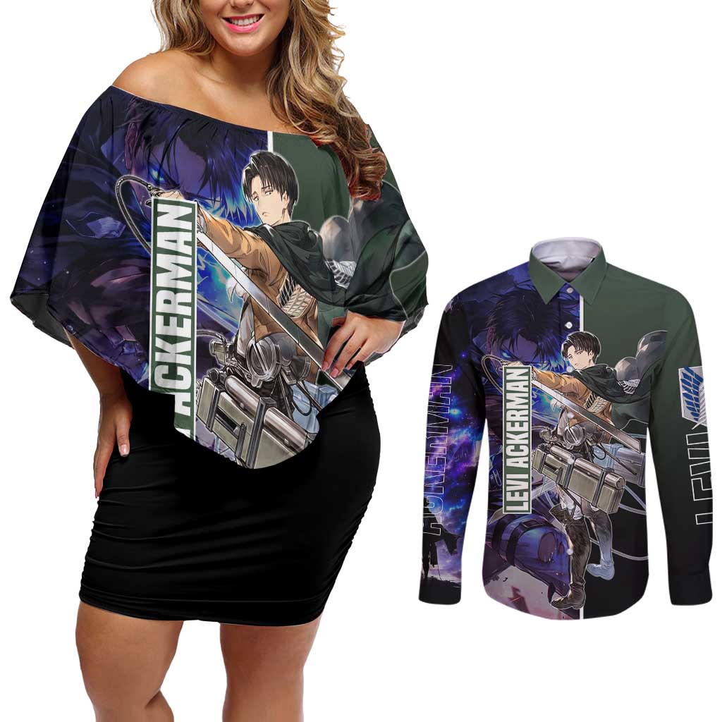 Levi Ackerman from Attack on Titan Couples Matching Off Shoulder Short Dress and Long Sleeve Button Shirt with Dynamic Poses and Green Background Design - The Mazicc