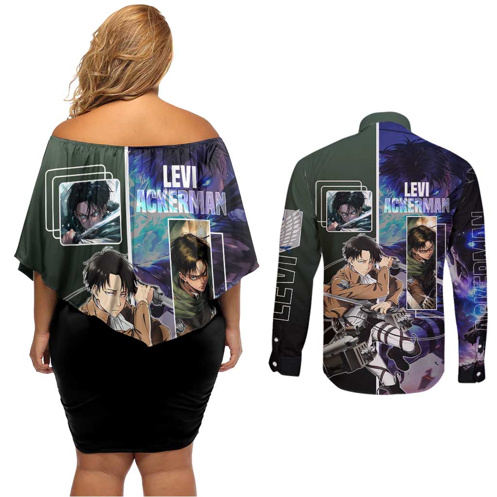 Levi Ackerman from Attack on Titan Couples Matching Off Shoulder Short Dress and Long Sleeve Button Shirt with Dynamic Poses and Green Background Design - The Mazicc