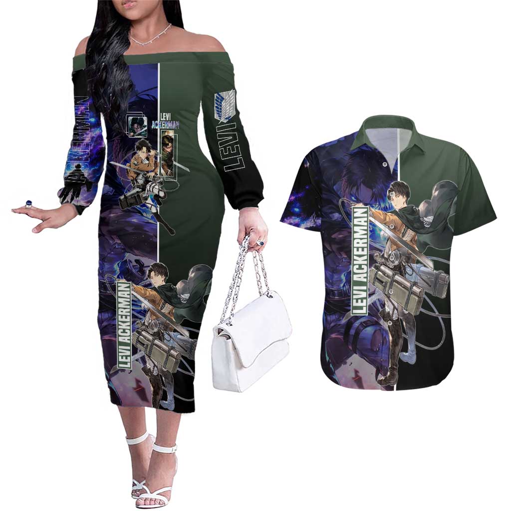 Levi Ackerman from Attack on Titan Couples Matching Off The Shoulder Long Sleeve Dress and Hawaiian Shirt with Dynamic Poses and Green Background Design - The Mazicc
