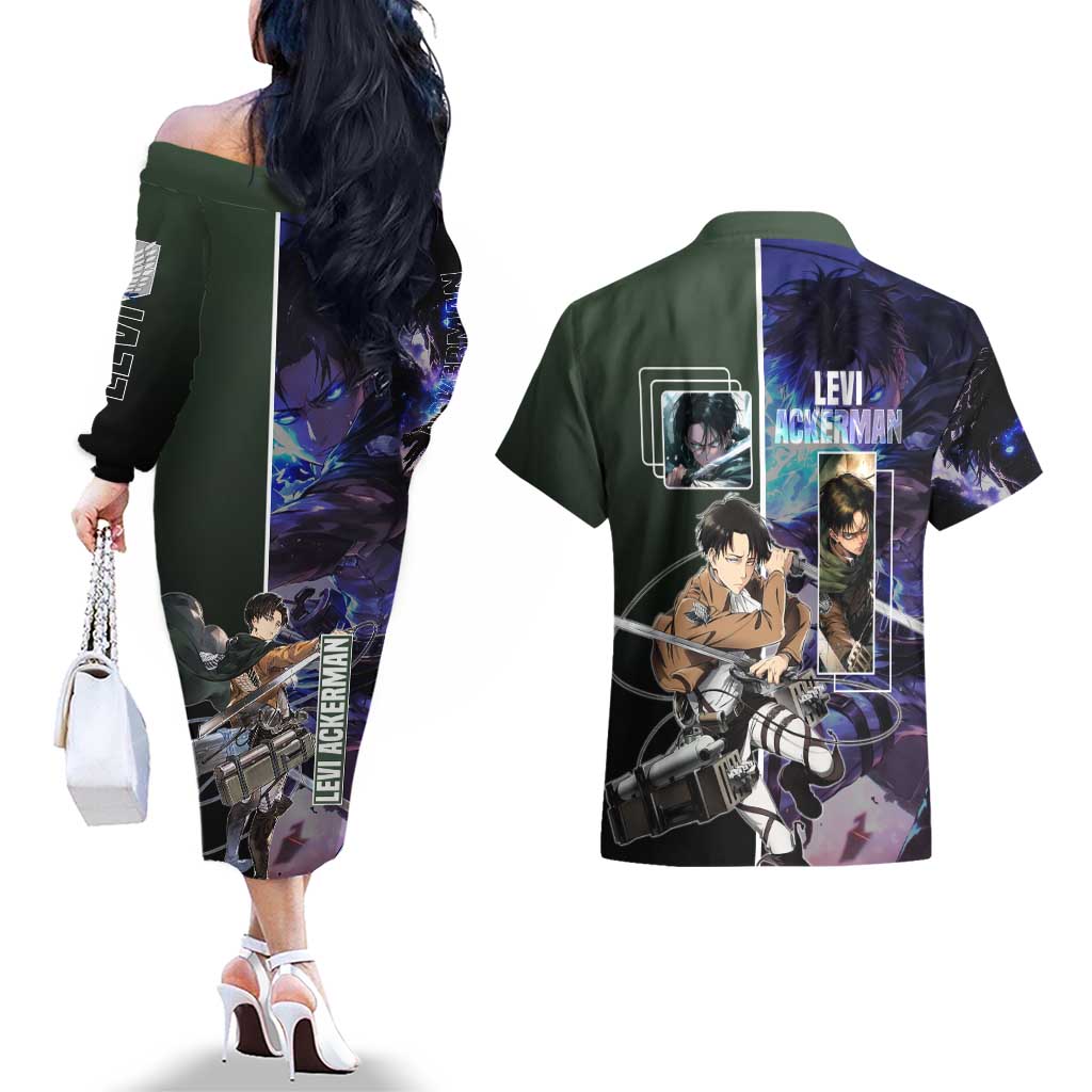 Levi Ackerman from Attack on Titan Couples Matching Off The Shoulder Long Sleeve Dress and Hawaiian Shirt with Dynamic Poses and Green Background Design - The Mazicc