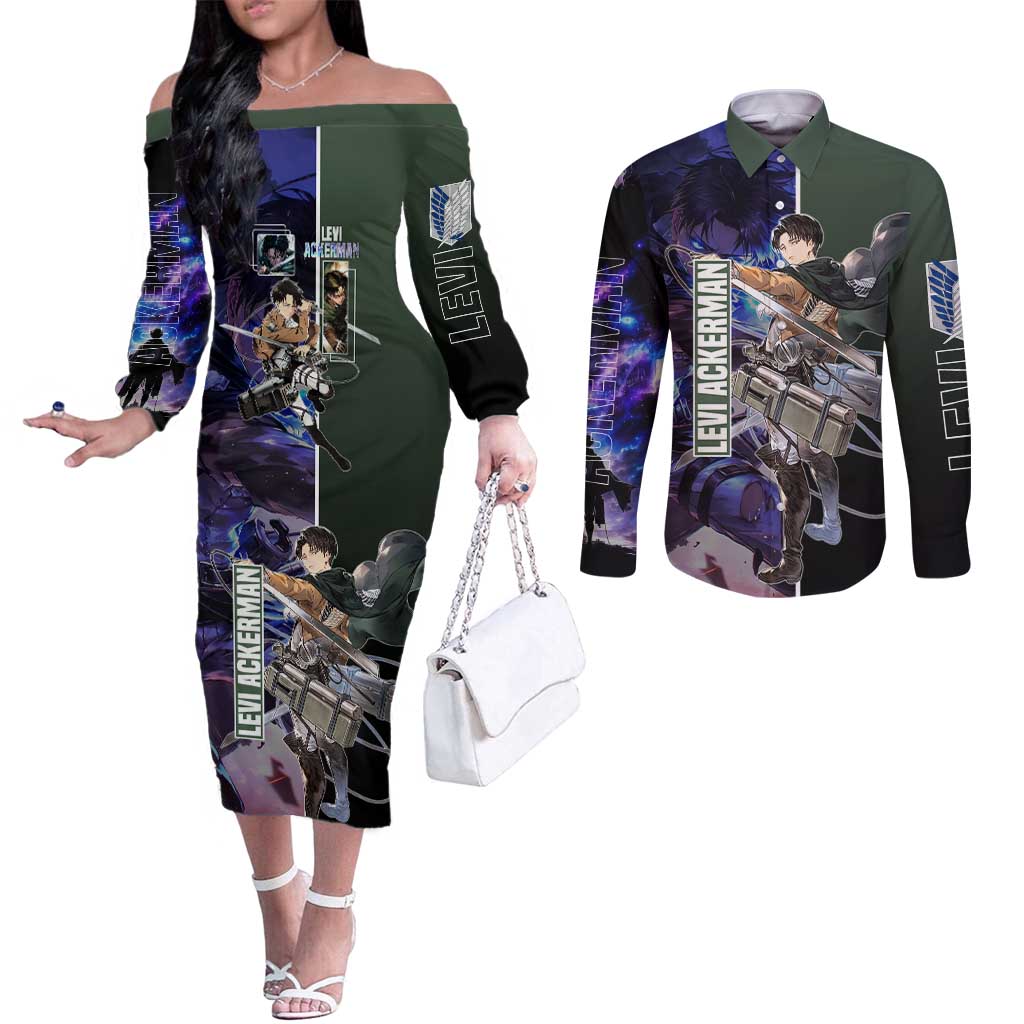 Levi Ackerman from Attack on Titan Couples Matching Off The Shoulder Long Sleeve Dress and Long Sleeve Button Shirt with Dynamic Poses and Green Background Design - The Mazicc