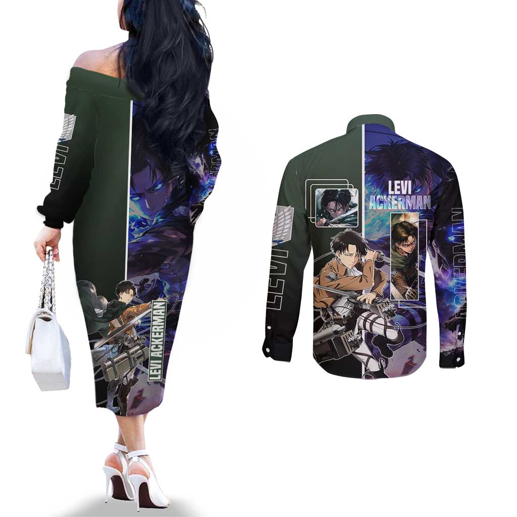 Levi Ackerman from Attack on Titan Couples Matching Off The Shoulder Long Sleeve Dress and Long Sleeve Button Shirt with Dynamic Poses and Green Background Design - The Mazicc