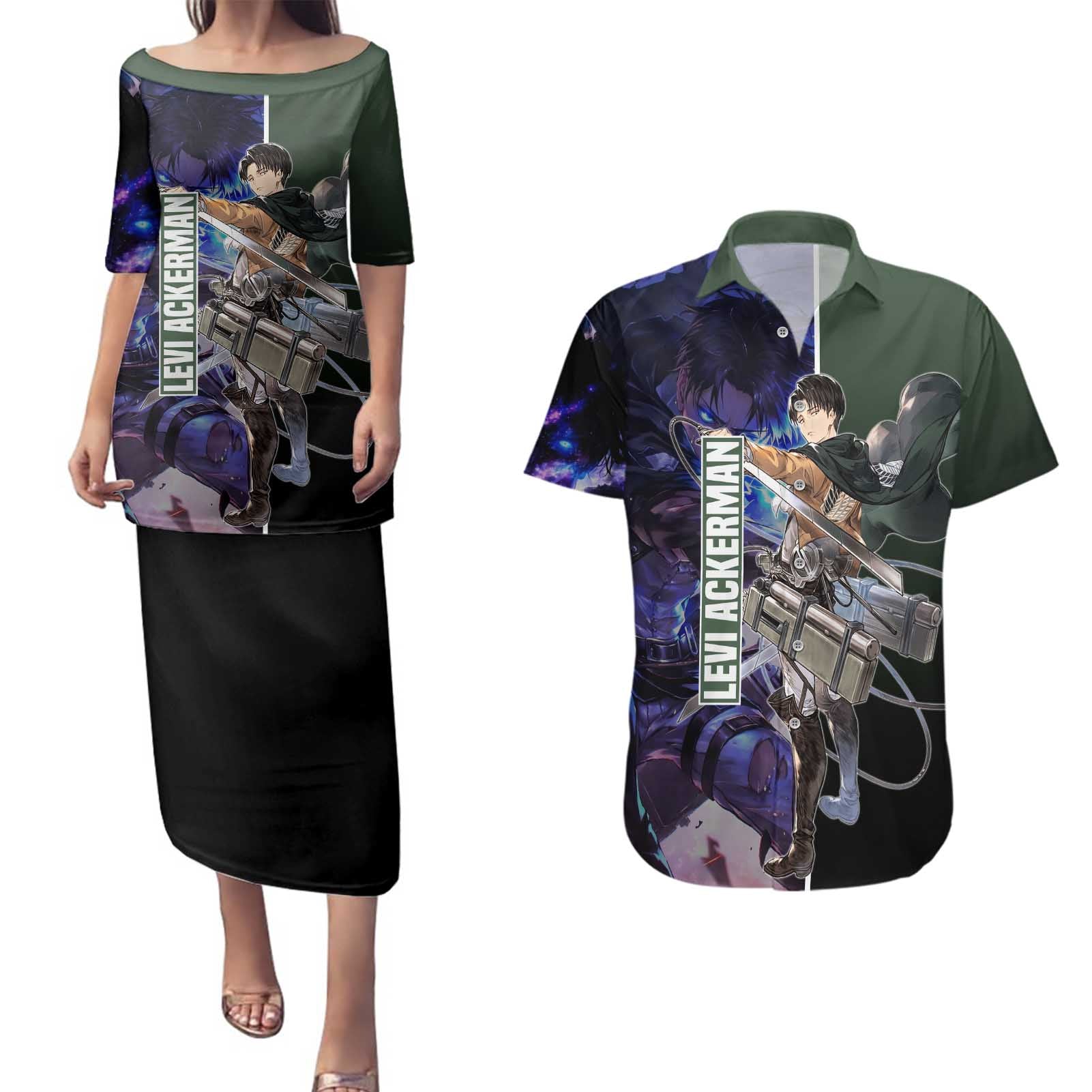Levi Ackerman from Attack on Titan Couples Matching Puletasi and Hawaiian Shirt with Dynamic Poses and Green Background Design - The Mazicc
